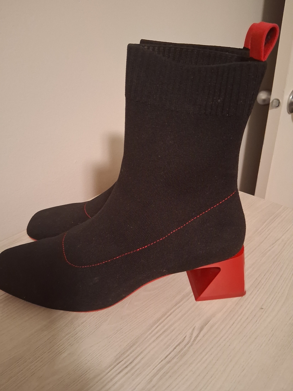 VIVAIA Black Knit Sock Ankle Boots with Red Block Heel